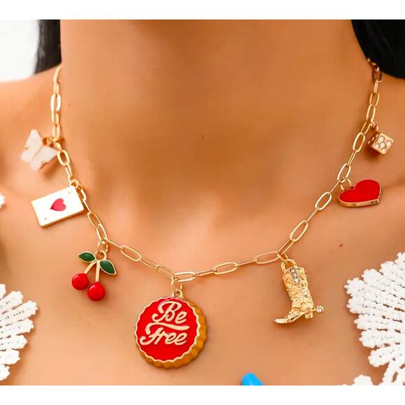 Be Free Charm Necklace Red Enamel Charms Gold Wide Link Chain NWT Cottage - Picture 2 of 6